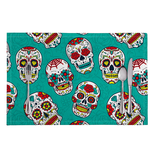 Teal Sugar Skull Pattern Print Placemat