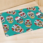 Teal Sugar Skull Pattern Print Polyester Doormat
