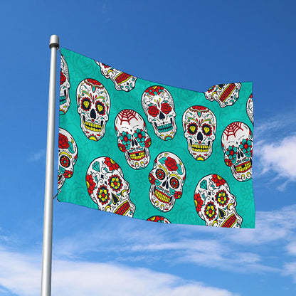 Teal Sugar Skull Pattern Print Polyester Flag