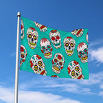 Teal Sugar Skull Pattern Print Polyester Flag