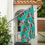 Teal Sugar Skull Pattern Print Polyester Flag