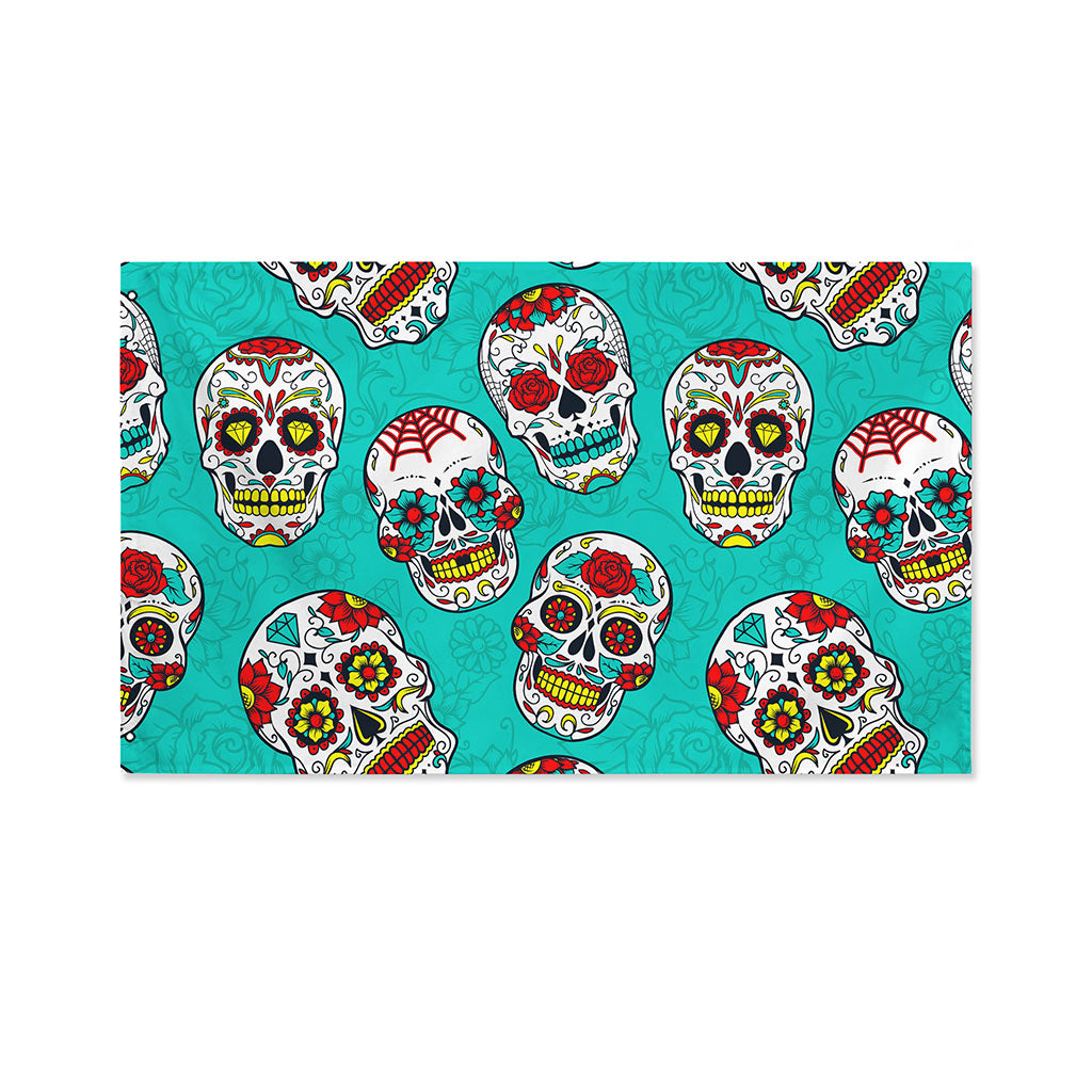 Teal Sugar Skull Pattern Print Polyester Flag