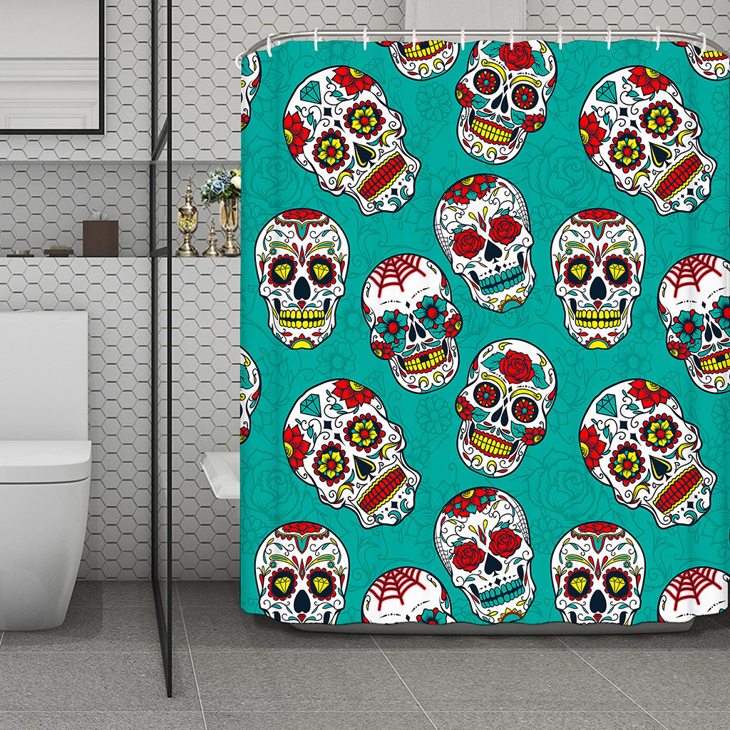 Teal Sugar Skull Pattern Print Polyester Shower Curtain