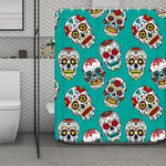 Teal Sugar Skull Pattern Print Polyester Shower Curtain