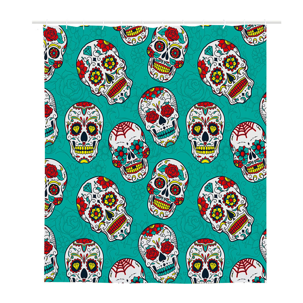 Teal Sugar Skull Pattern Print Polyester Shower Curtain