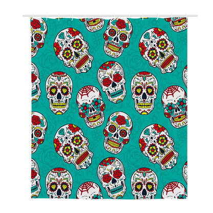Teal Sugar Skull Pattern Print Polyester Shower Curtain