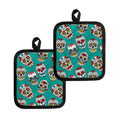 Teal Sugar Skull Pattern Print Pot Holders