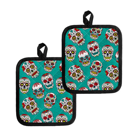 Teal Sugar Skull Pattern Print Pot Holders
