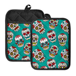 Teal Sugar Skull Pattern Print Pot Holders With Pocket