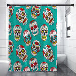 Teal Sugar Skull Pattern Print Premium Shower Curtain