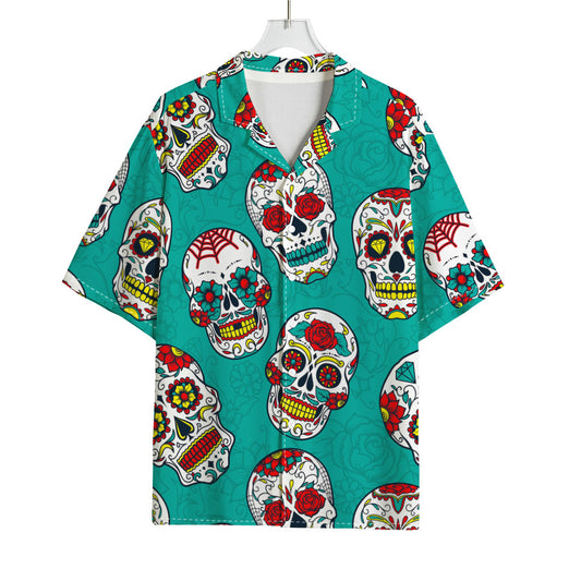 Teal Sugar Skull Pattern Print Rayon Hawaiian Shirt