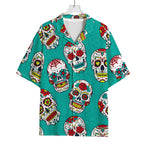 Teal Sugar Skull Pattern Print Rayon Hawaiian Shirt