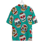 Teal Sugar Skull Pattern Print Rayon Hawaiian Shirt