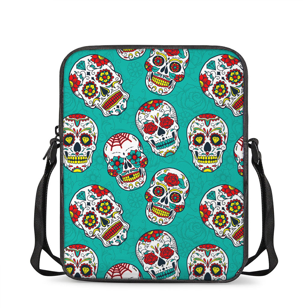 Teal Sugar Skull Pattern Print Rectangular Crossbody Bag