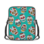 Teal Sugar Skull Pattern Print Rectangular Crossbody Bag