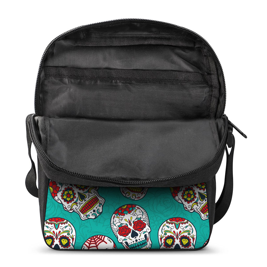 Teal Sugar Skull Pattern Print Rectangular Crossbody Bag