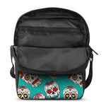 Teal Sugar Skull Pattern Print Rectangular Crossbody Bag