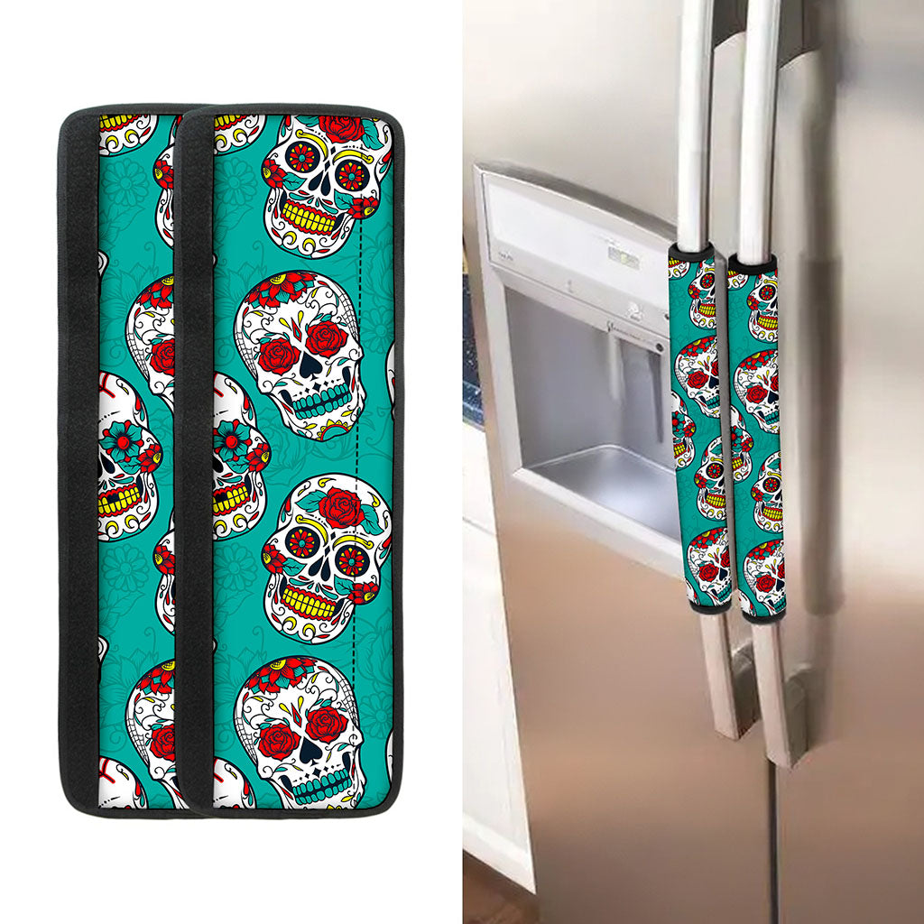 Teal Sugar Skull Pattern Print Refrigerator Handle Covers