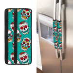 Teal Sugar Skull Pattern Print Refrigerator Handle Covers