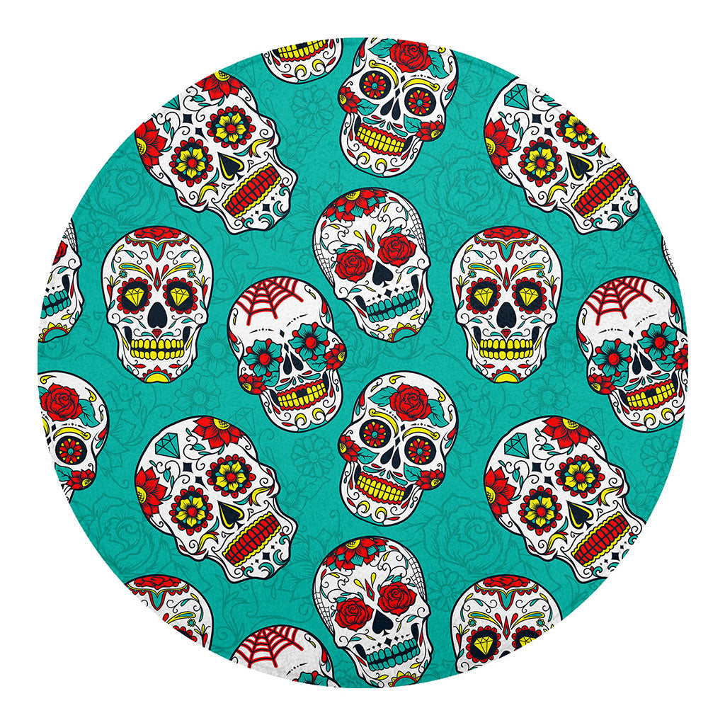 Teal Sugar Skull Pattern Print Round Blanket