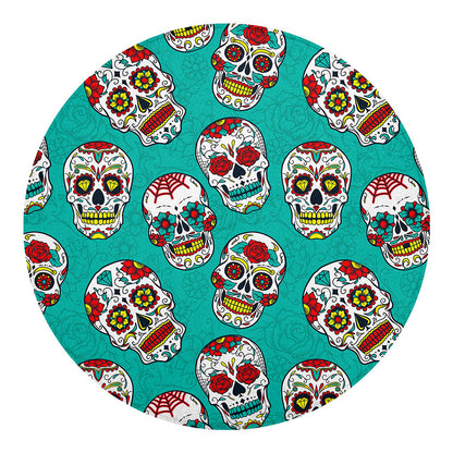 Teal Sugar Skull Pattern Print Round Blanket