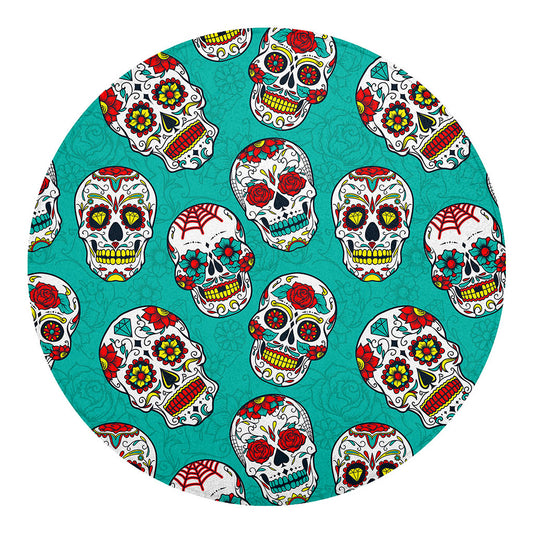 Teal Sugar Skull Pattern Print Round Blanket