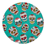 Teal Sugar Skull Pattern Print Round Blanket