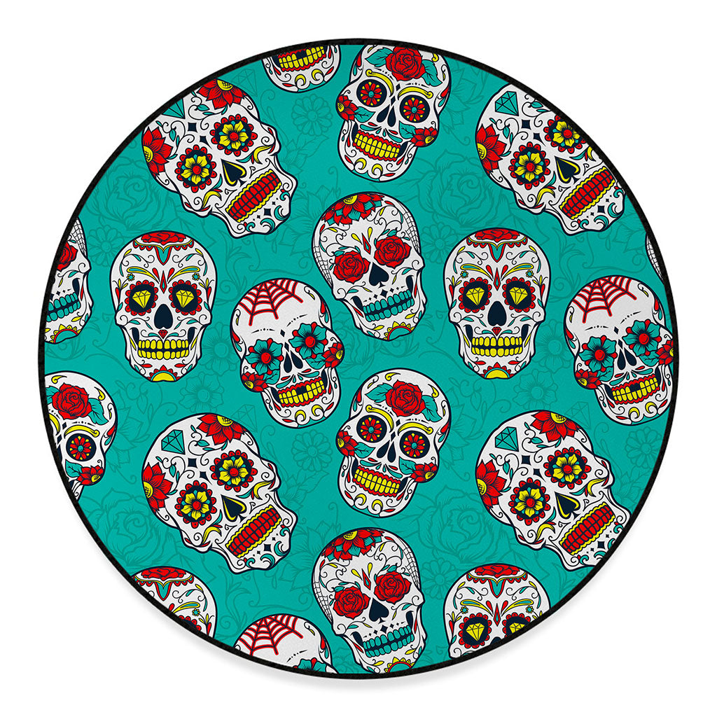 Teal Sugar Skull Pattern Print Round Floor Mat