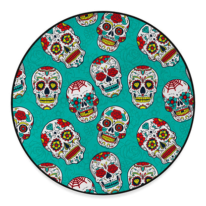 Teal Sugar Skull Pattern Print Round Floor Mat