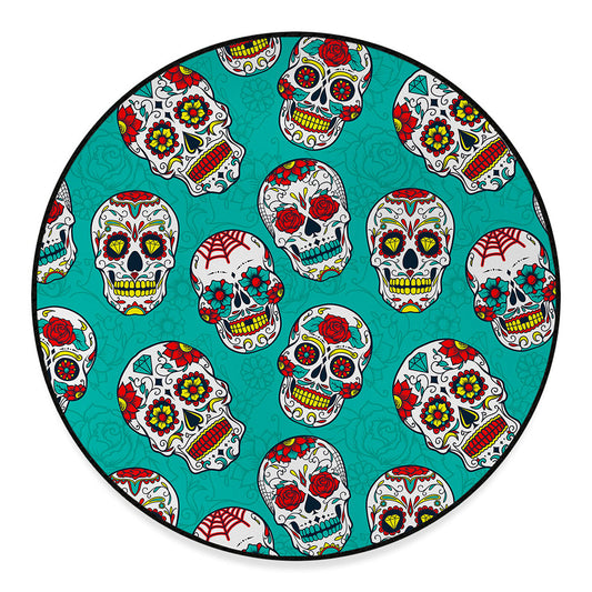 Teal Sugar Skull Pattern Print Round Floor Mat