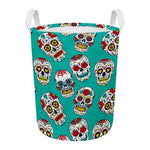 Teal Sugar Skull Pattern Print Round Laundry Basket