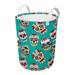 Teal Sugar Skull Pattern Print Round Laundry Basket