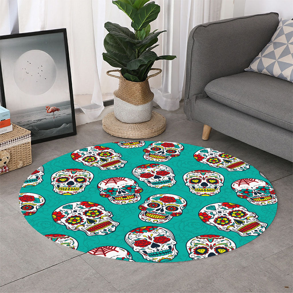 Teal Sugar Skull Pattern Print Round Rug
