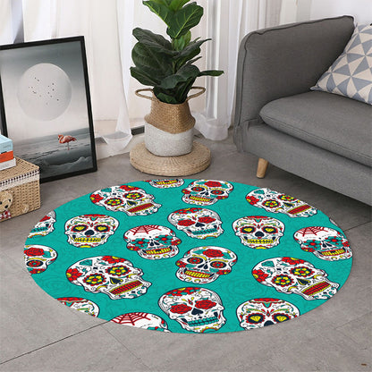 Teal Sugar Skull Pattern Print Round Rug