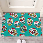 Teal Sugar Skull Pattern Print Rubber Doormat