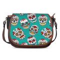 Teal Sugar Skull Pattern Print Saddle Bag