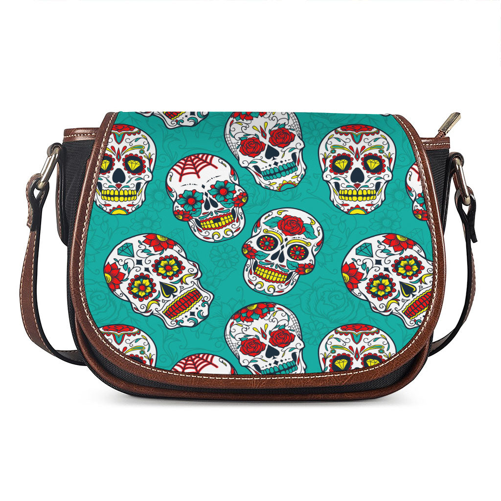 Teal Sugar Skull Pattern Print Saddle Bag