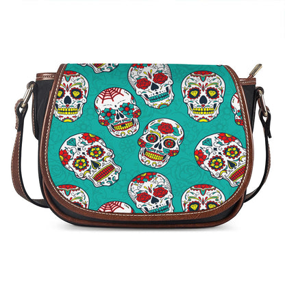 Teal Sugar Skull Pattern Print Saddle Bag