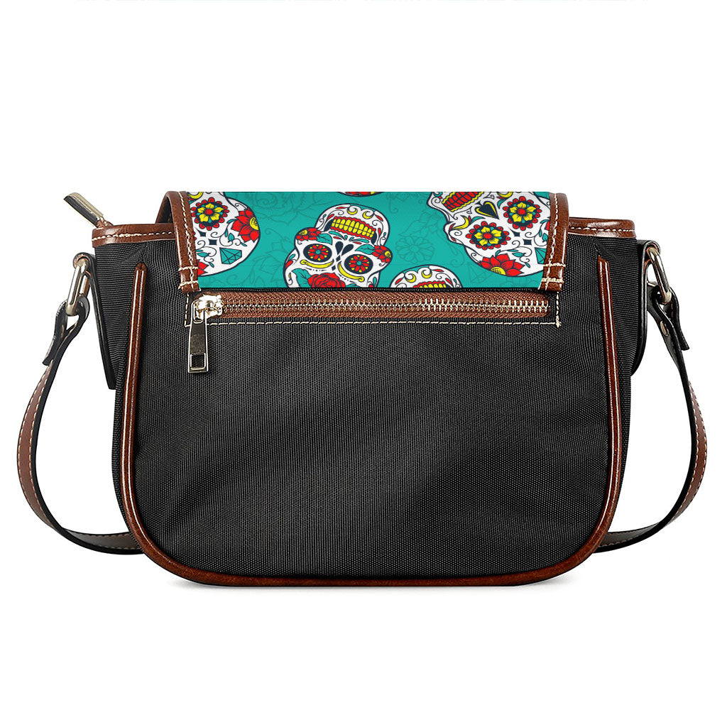 Teal Sugar Skull Pattern Print Saddle Bag