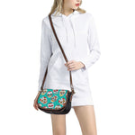 Teal Sugar Skull Pattern Print Saddle Bag