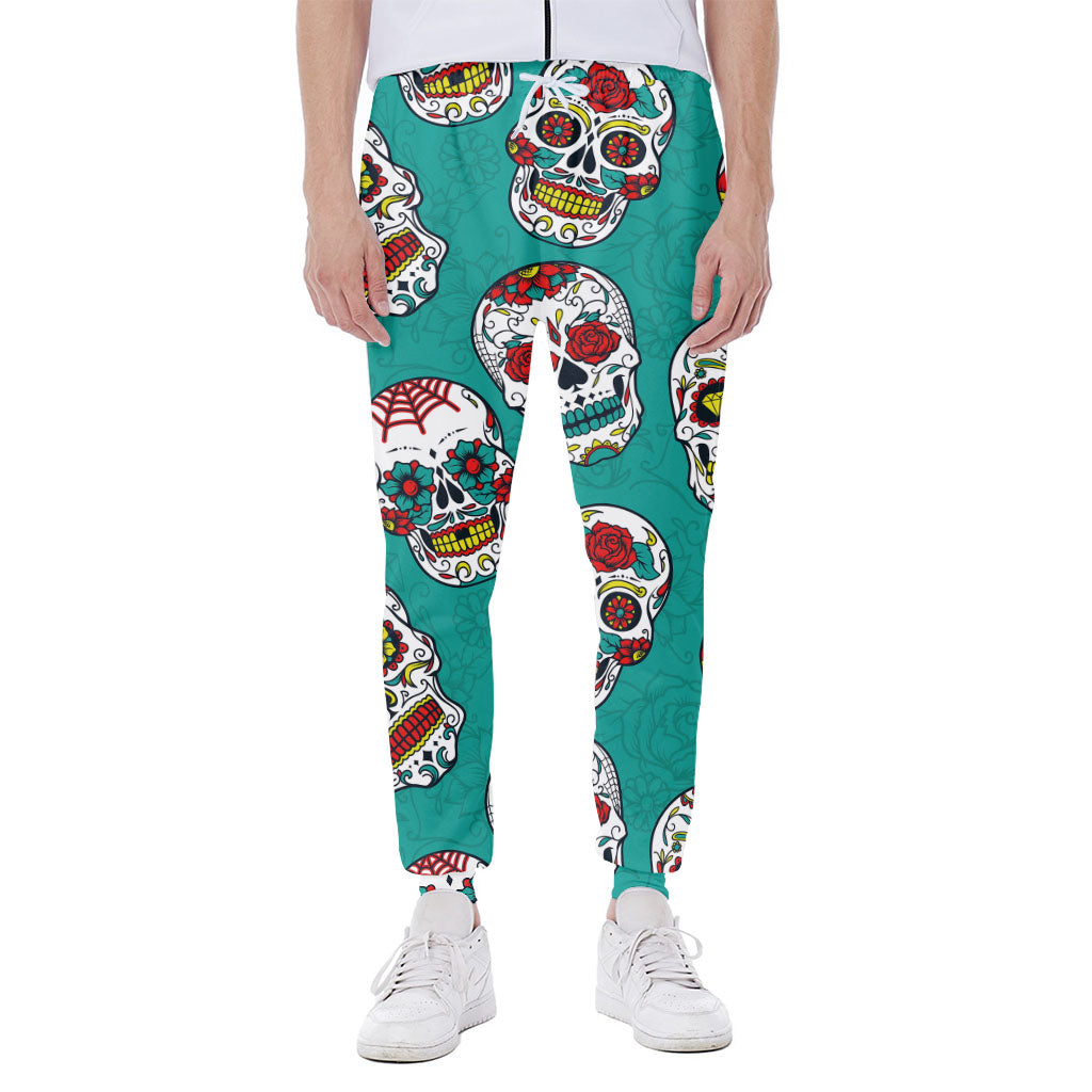 Teal Sugar Skull Pattern Print Scuba Joggers