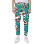 Teal Sugar Skull Pattern Print Scuba Joggers