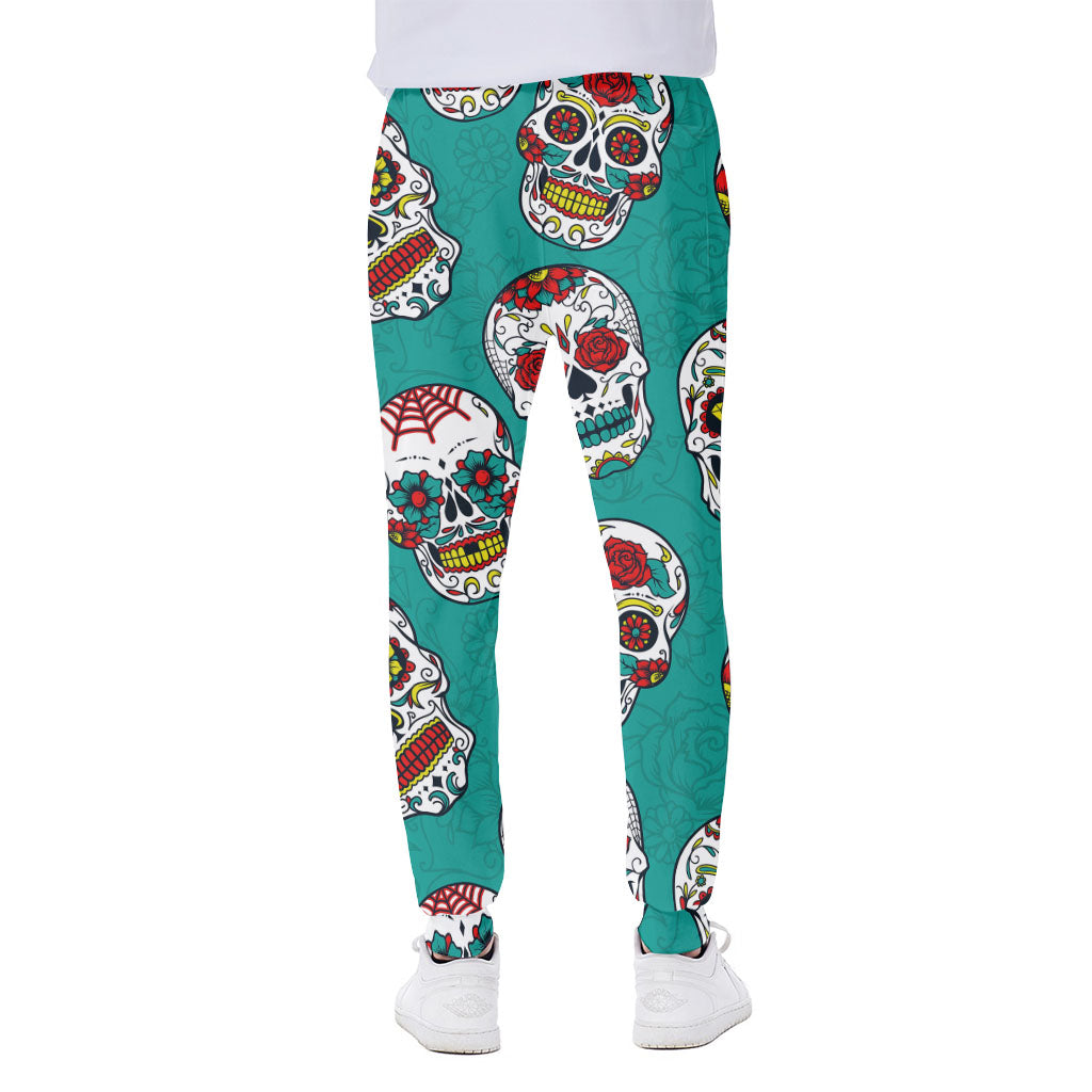 Teal Sugar Skull Pattern Print Scuba Joggers