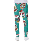 Teal Sugar Skull Pattern Print Scuba Joggers