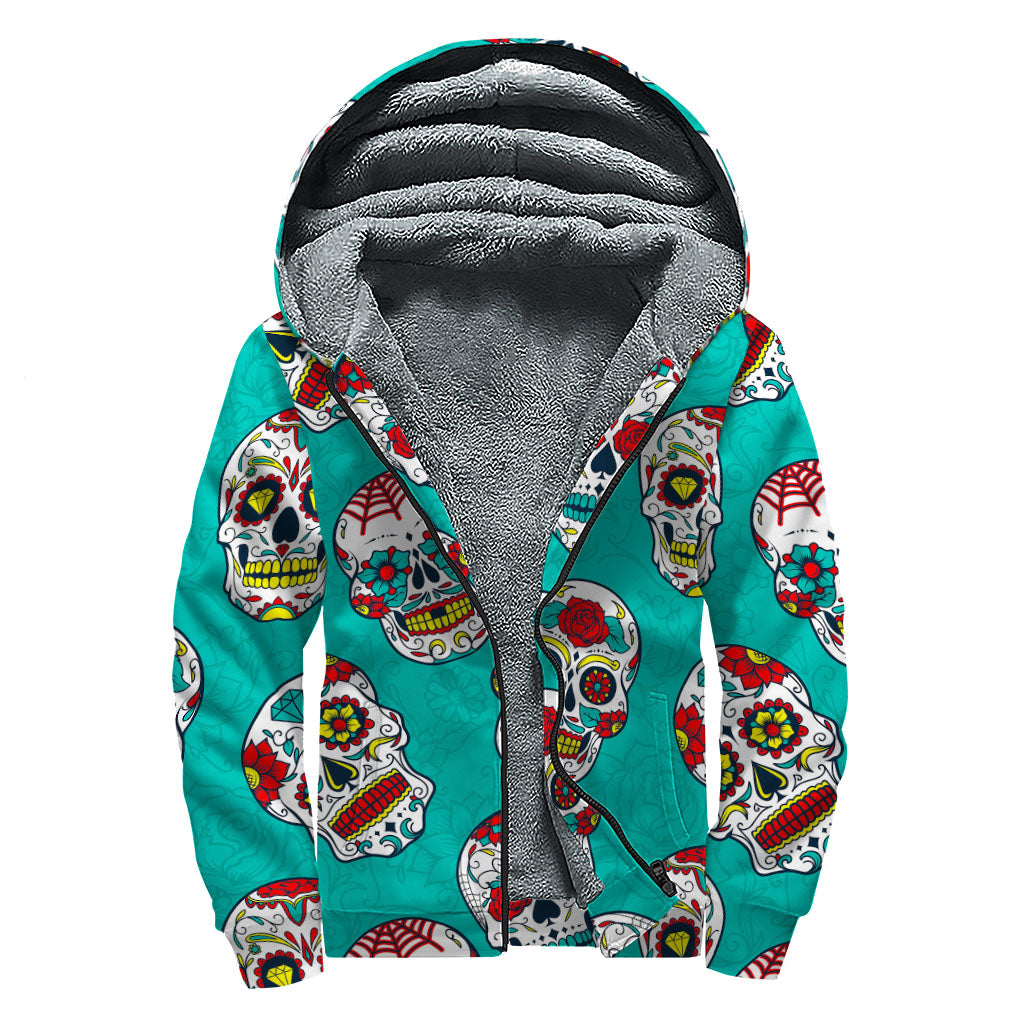 Teal Sugar Skull Pattern Print Sherpa Lined Zip Up Hoodie