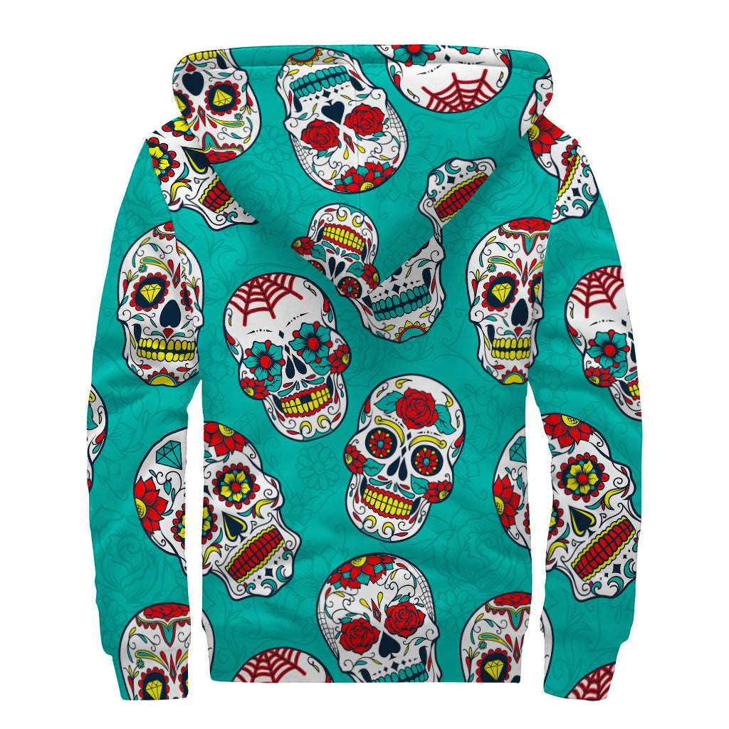 Teal Sugar Skull Pattern Print Sherpa Lined Zip Up Hoodie