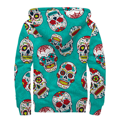 Teal Sugar Skull Pattern Print Sherpa Lined Zip Up Hoodie