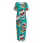 Teal Sugar Skull Pattern Print Short Sleeve Long Nightdress