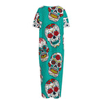 Teal Sugar Skull Pattern Print Short Sleeve Long Nightdress