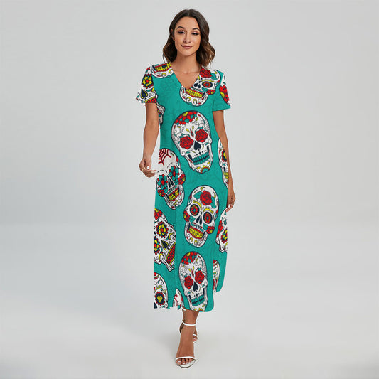 Teal Sugar Skull Pattern Print Short Sleeve Maxi Dress